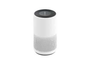 A sleek, cylindrical device designed for smart audio playback and voice interaction, featuring a minimalist white finish. png