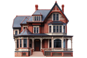 A beautifully detailed Victorian-style house featuring intricate woodwork, multiple gables, and a welcoming porch. png