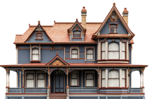 A beautifully detailed Victorian-style house featuring ornate architecture, with multiple gables and a charming porch. png