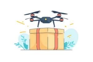 A drone hovers above a large delivery box, showcasing its capability to transport goods efficiently. png