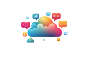 A colorful cloud featuring various communication icons representing digital interaction and connectivity. png