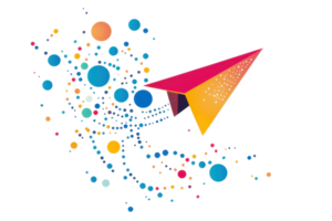 A colorful paper airplane surrounded by vibrant dots and swirls, creating a sense of movement and fun. png