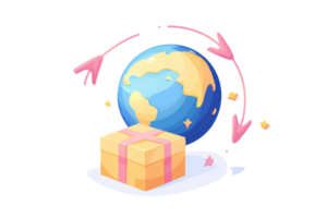 A colorful globe with a gift box nearby, symbolizing global delivery and connection. png