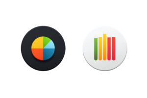 Two circular logos featuring colorful geometric designs, one with segments and the other with vertical bars in various hues. png