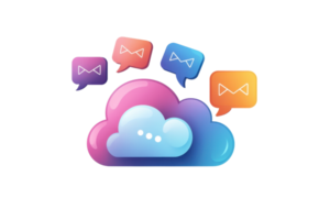 A colorful cloud icon surrounded by various speech bubbles, symbolizing communication and digital interaction. png