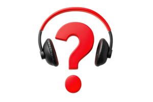 A bold red question mark with black headphones on either side, symbolizing inquiry or uncertainty in relation to audio or sound. png