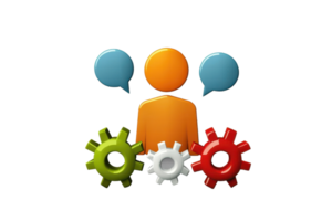 An abstract representation of communication and collaboration, featuring a figure, speech bubbles, and gears. png
