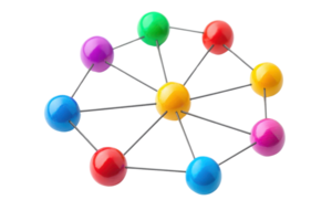 A colorful molecular structure with spheres connected by lines, representing a network of atoms or particles. png