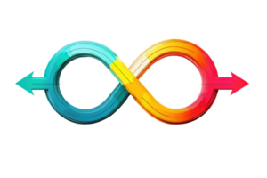 A stylized infinity symbol with a gradient blend of blue and red colors, featuring directional arrows on each end. png