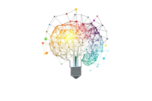 A vibrant, abstract representation of a brain integrated with a light bulb, symbolizing creative thinking and innovation. png