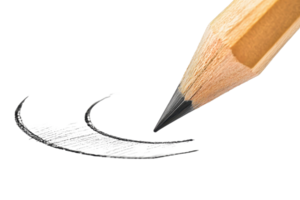 A sharpened wooden pencil is poised above a curved line, suggesting the act of drawing or sketching. png