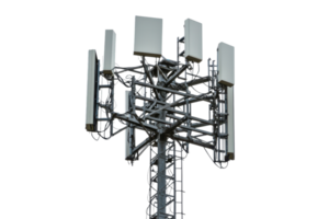 A tall cellular tower featuring multiple antennas arranged in a geometric pattern, designed for wireless communication. png