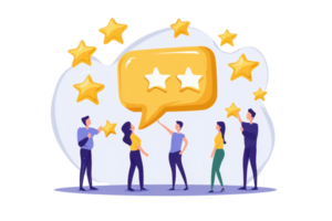 A group of people discussing feedback with a speech bubble featuring two stars, indicating a rating or review. png