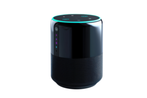 Smart speaker with a sleek design and touch controls, featuring a circular interface and a textured base for enhanced sound quality. png