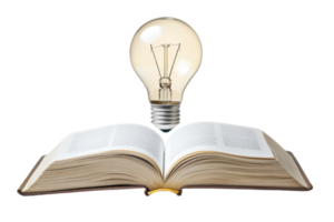 An open book with pages fanned out, topped by a glowing light bulb symbolizing knowledge and ideas. png