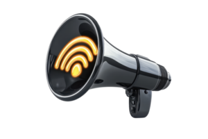 A black megaphone with a glowing Wi-Fi symbol emerging from its bell, symbolizing communication and connectivity. png