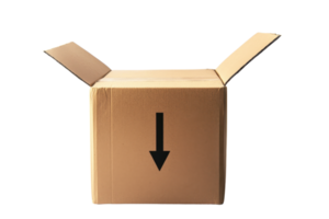 A simple cardboard box with an arrow indicating downward movement, featuring flaps that are open. png