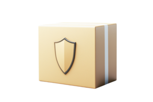 A sturdy, brown delivery box featuring a shield emblem, symbolizing protection and security. png