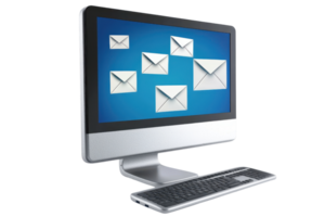 A sleek computer monitor displays multiple email icons, representing communication and digital correspondence. png