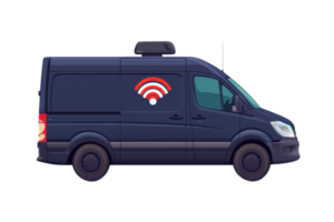 A side view of a dark blue van featuring a wireless signal symbol, indicating capabilities for connectivity or broadcasting. png