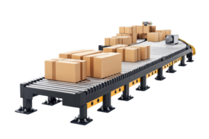 A conveyor belt transporting numerous cardboard boxes efficiently arranged along its length. png