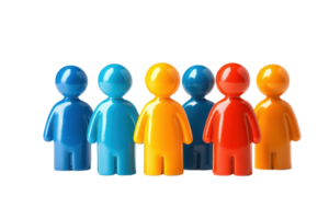 A group of six colorful, plastic figurines in various hues stands in a row, each shaped like a simplified human form. png