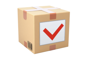 A cardboard box featuring a large red check mark on the front, indicating approval or confirmation. png