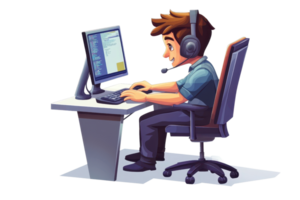 A young boy is engaged in gaming or computer work, wearing a headset and focused on a monitor while sitting at a desk. png