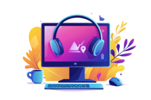 A vibrant computer monitor featuring headphones, a cup, and a mouse, set against colorful abstract shapes. png