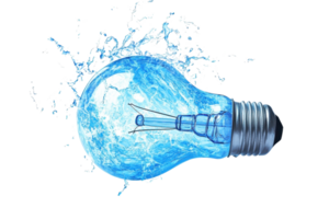 A light bulb filled with blue water, creating a striking visual effect with splashes surrounding it. png