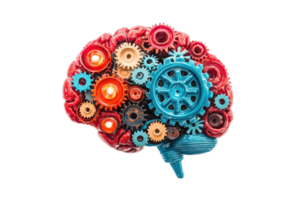 A colorful brain made of gears and cogs, representing the intricate workings of thought and innovation. png
