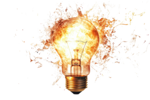 A glowing light bulb exploding with vibrant flames and sparks, symbolizing creativity and energy. png
