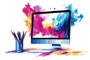 A modern computer displays vibrant colors and artistic splashes, suggesting creativity and digital design. png