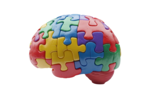 A colorful puzzle-shaped brain highlighting cognitive diversity and problem-solving concepts. png
