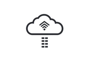 A stylized cloud icon with a downward arrow and signal bars, symbolizing data transfer or cloud connectivity. png