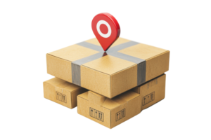 A stack of cardboard boxes with a red location pin on top, symbolizing delivery or tracking services. png