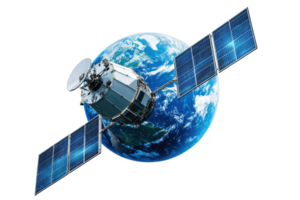 A satellite orbits Earth, equipped with solar panels, capturing and relaying data from space. png