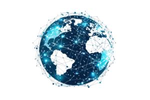 A vibrant digital representation of the Earth, showcasing interconnected networks of light and lines across its surface. png