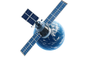 A satellite orbits Earth, equipped with solar panels for energy collection and various instruments for data transmission. png