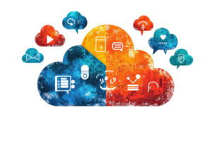 Colorful cloud graphic symbolizing data storage and communication, featuring icons for various digital services. png