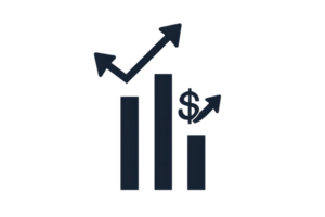 A graphic representation of bar charts and arrows indicating growth and movement in finance. png