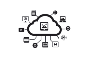 A cloud symbol with various digital icons represents data storage and multimedia sharing across devices. png