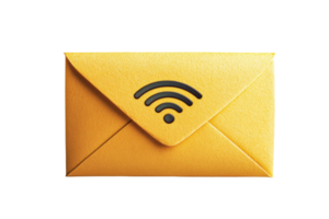 A yellow envelope featuring a wireless signal symbol, representing communication or digital connectivity. png