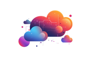 Colorful, stylized clouds with a digital folder symbol, representing cloud storage and technology. png