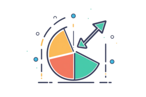 A colorful pie chart with an upward arrow indicating growth or progress. png