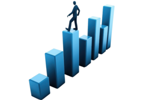 A figure ascends a series of blue bars, representing growth and progress in a conceptual graph. png