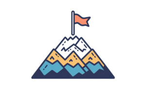 A stylized mountain with a flag at its peak, showcasing a mixture of geometric shapes and colors. png