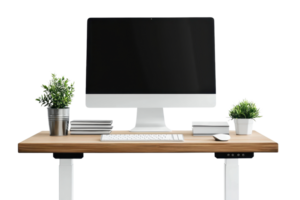 A modern desk setup featuring a sleek computer monitor, keyboard, and potted plants, creating a minimalistic workspace aesthetic. png