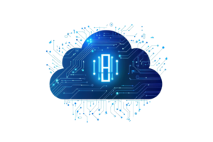 A blue cloud with circuit patterns and glowing digital numbers, representing cloud computing and data technology. png
