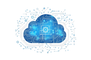 A cloud symbol featuring intricate circuit patterns and glowing blue elements representing digital connectivity and technology. png